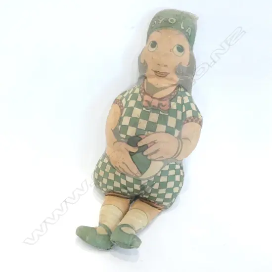 1920'S DYOLA ADVERTISING CLOTH DOLL - GREEN CHECK OUTFIT. H. 310MM